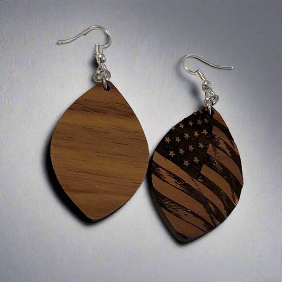 Handmade American Flag Dangle Earrings – Laser Cut Wood Patriotic Jewelry - Picture 2 of 7